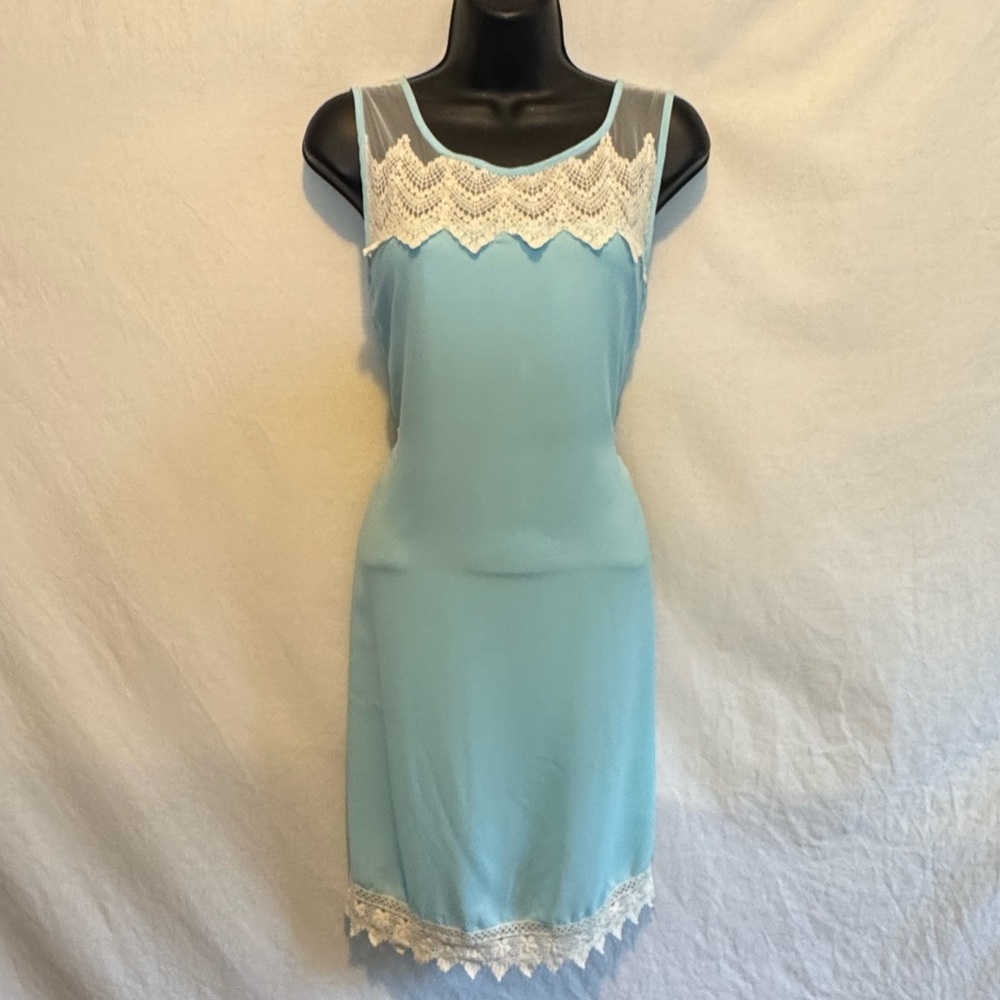 C-137 Tea N Rose Teal Blue & White Lace Sleeveless Lined MIDI Dress‎ Size S